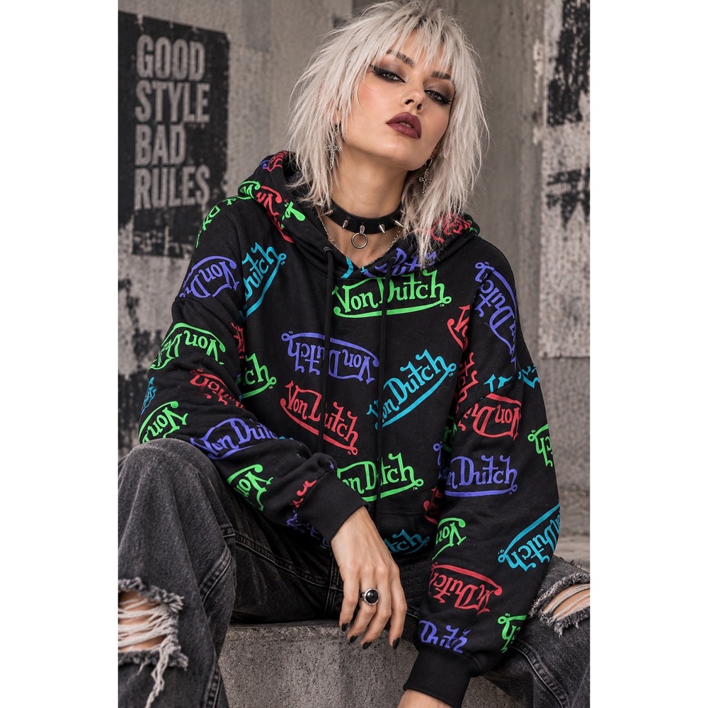 Von Dutch Y2K Cropped Hoodie All Over Logo Print Black M